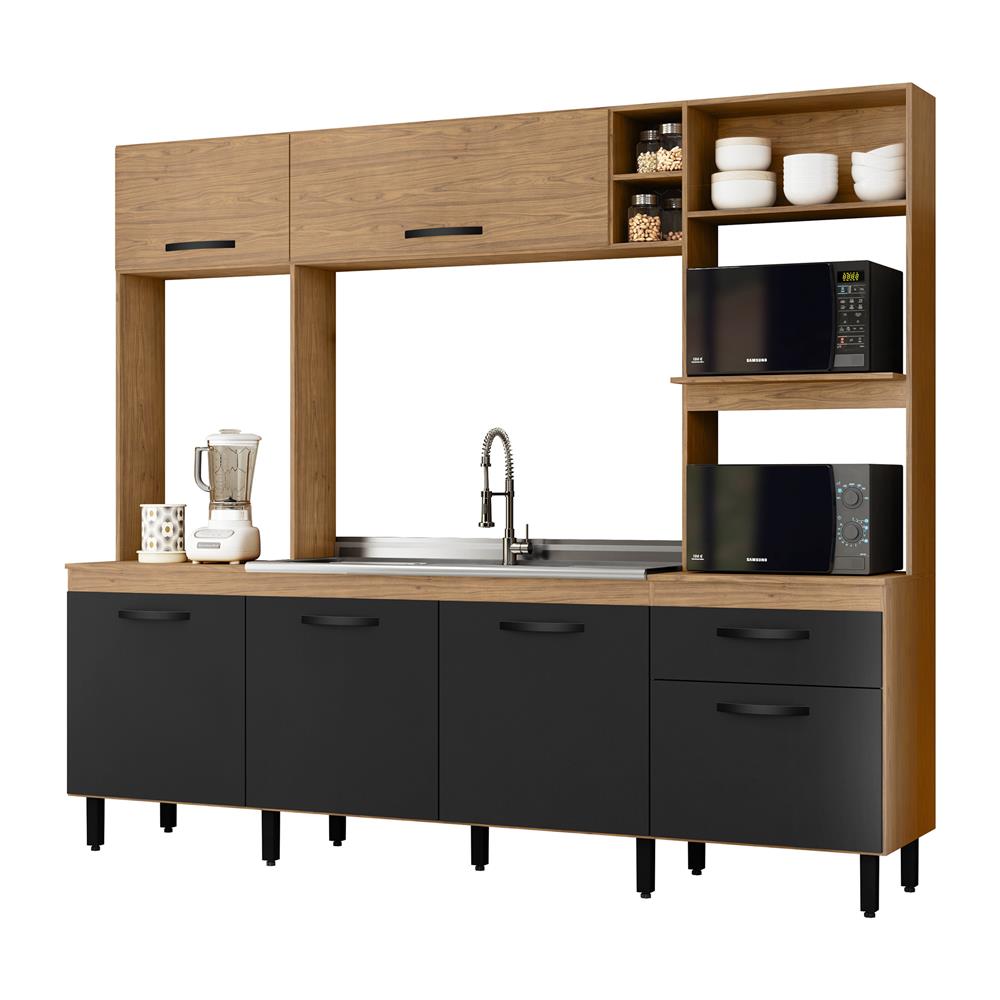 Cozinha compacta grande 6 portas 1 gaveta Zoe - freijó / nero CC035