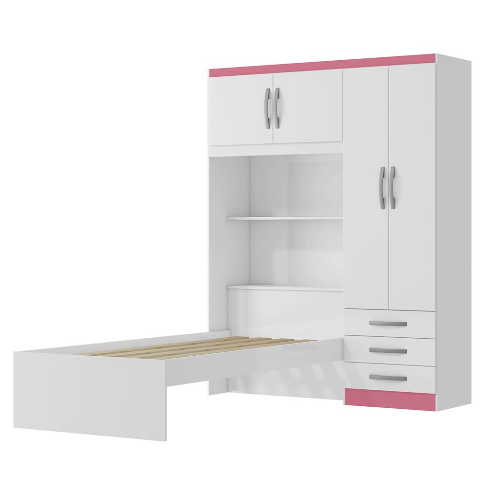Guarda-roupa com cama e baú 4 portas 3 gavetas Lisboa - flex color - branco / rosa  RG023 