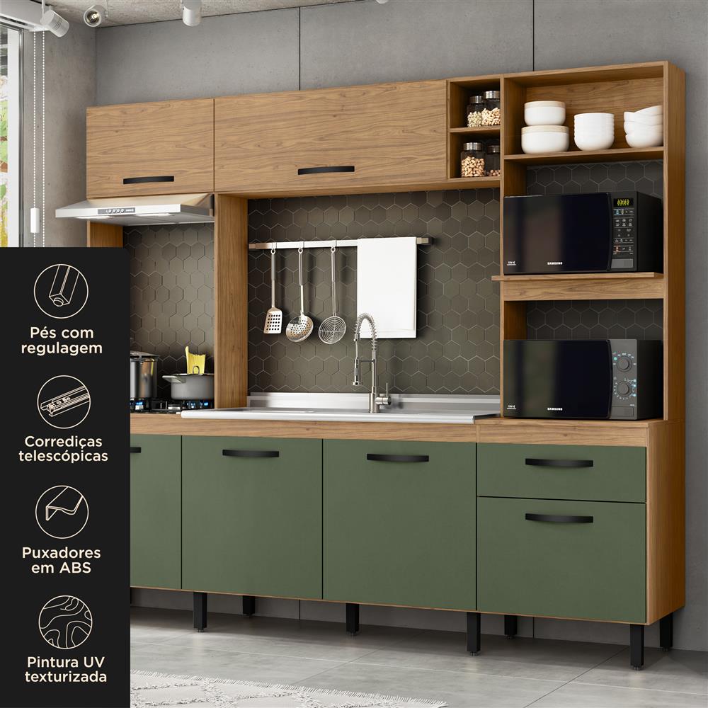 Cozinha compacta grande 6 portas 1 gaveta Zoe - freijó / Jade CC035 