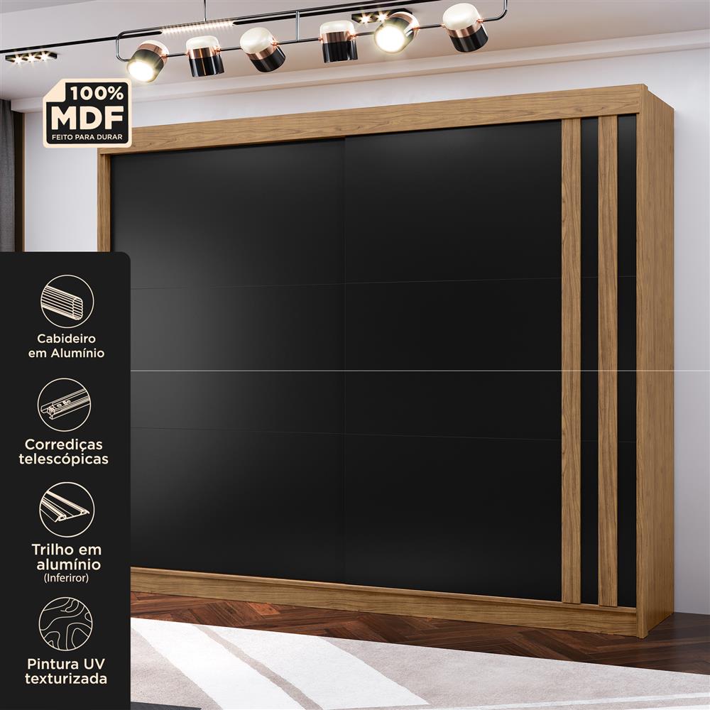 Guarda-roupa grande para casal 100% MDF 2 portas de correr 4 gavetas Seul - freijó / nero RD024 