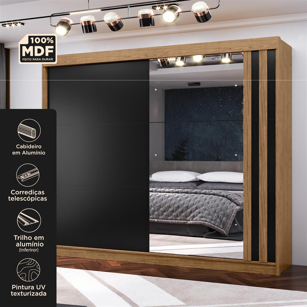 Guarda-roupa grande para casal 100% MDF 2 portas de correr 4 gavetas Seul - com espelho - freijó / nero RD024.E 