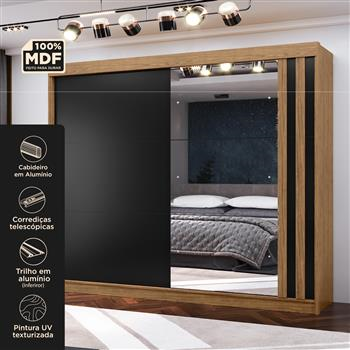 Guarda-roupa grande para casal 100% MDF 2 portas de correr 4 gavetas Seul - com espelho - freijó / nero RD024.E 