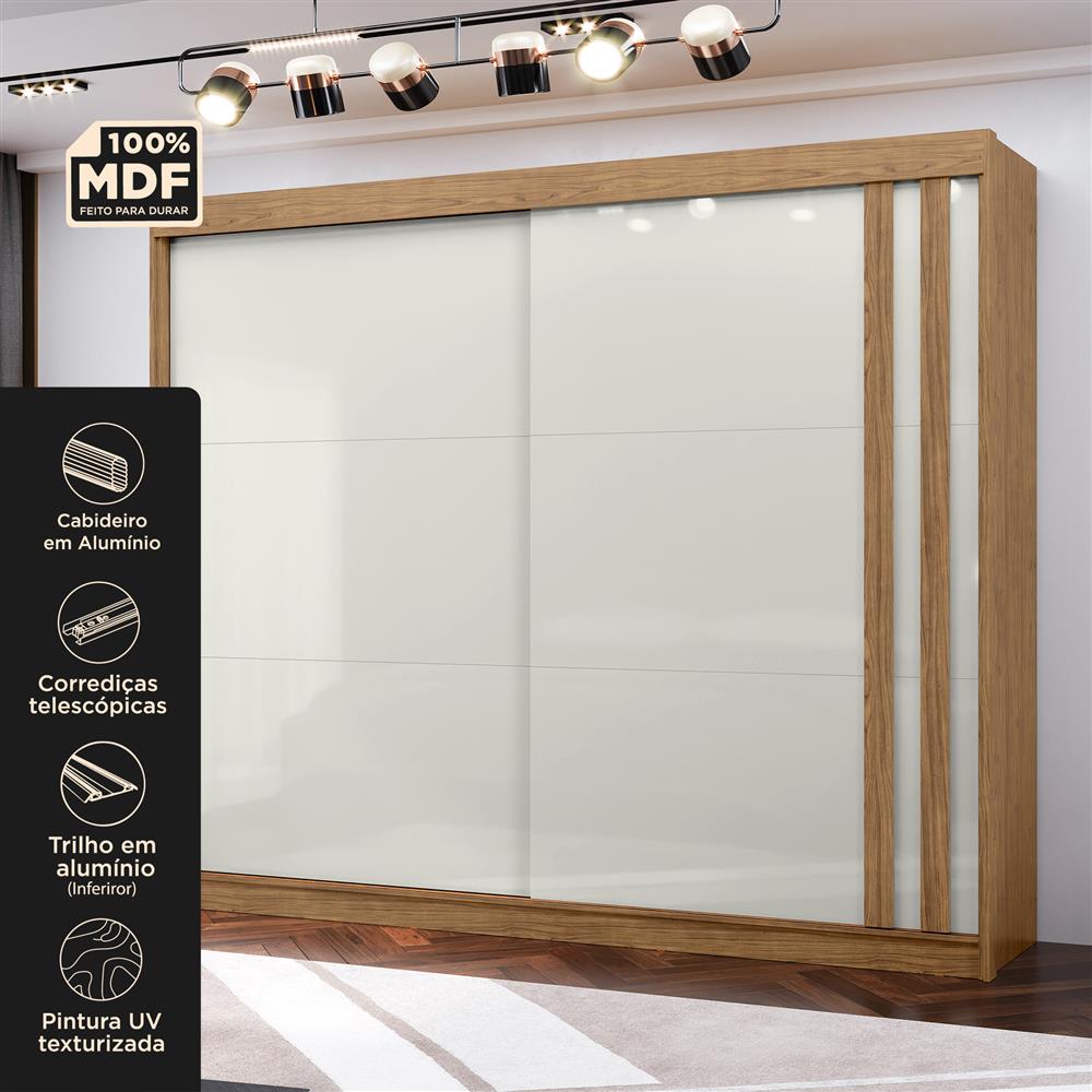 Guarda-roupa grande para casal 100% MDF 2 portas de correr 4 gavetas Seul - freijó / off-white RD024 