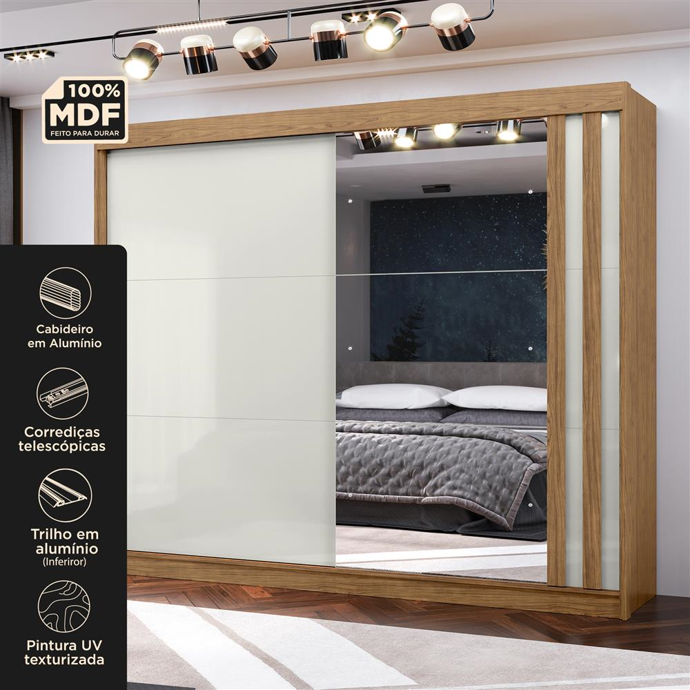 Guarda-roupa grande para casal 100% MDF 2 portas de correr 4 gavetas Seul - com espelho - freijó / off-white RD024.E 
