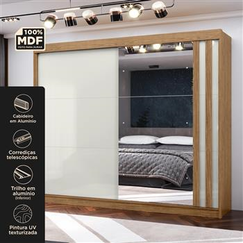 Guarda-roupa grande para casal 100% MDF 2 portas de correr 4 gavetas Seul - com espelho - freijó / off-white RD024.E 