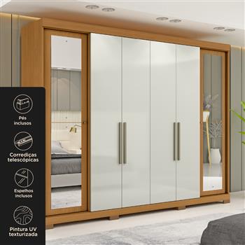 Guarda-roupa casal 6 portas e 4 gavetas Bogotá - com espelho - cinamomo / off-white RG074.NE 