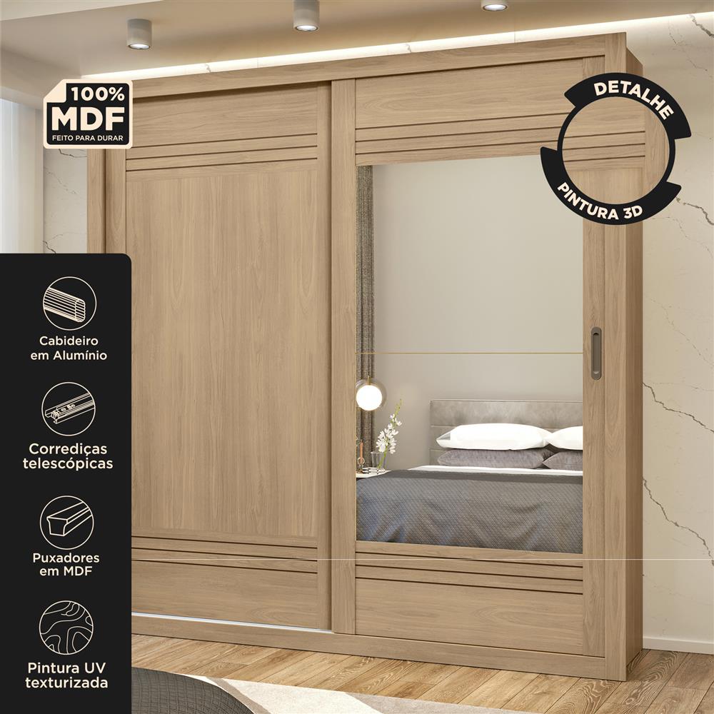 Guarda-roupa grande para casal 100% MDF 2 portas de correr 4 gavetas Trípoli - com espelho - castanho / castanho usinado  RD033.E 