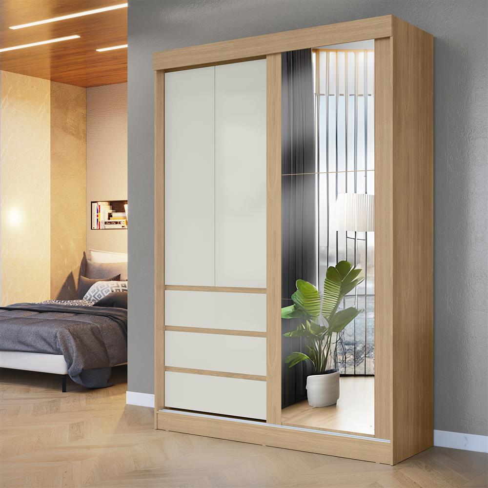 Guarda-roupa grande 100% MDF 3 portas 3 gavetas Bagdá - com espelho - castanho / off-white  RD032.E 