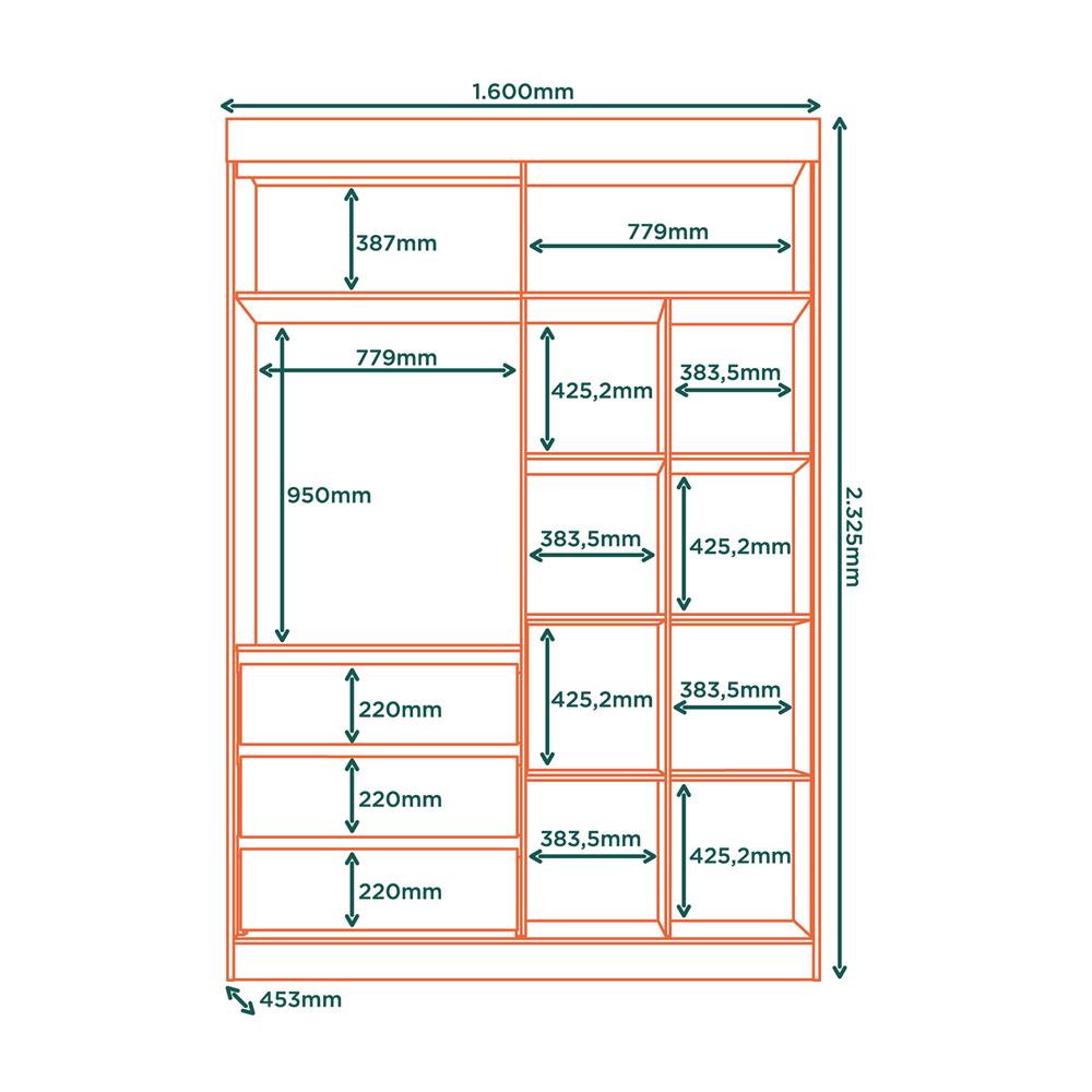 Guarda-roupa grande 100% MDF 3 portas 3 gavetas Bagdá - com espelho - castanho / off-white  RD032.E 