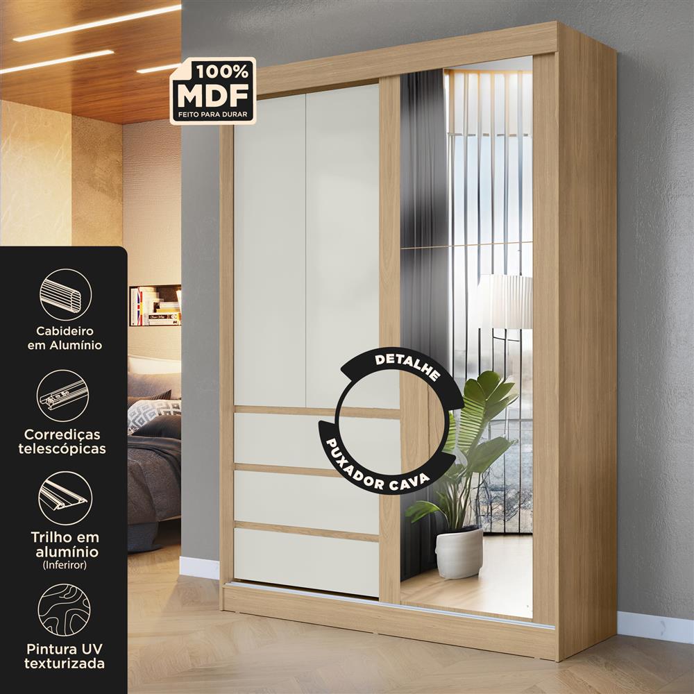 Guarda-roupa grande 100% MDF 3 portas 3 gavetas Bagdá - com espelho - castanho / off-white  RD032.E 