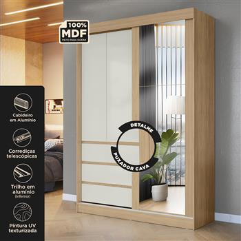 Guarda-roupa grande 100% MDF 3 portas 3 gavetas Bagdá - com espelho - castanho / off-white  RD032.E 