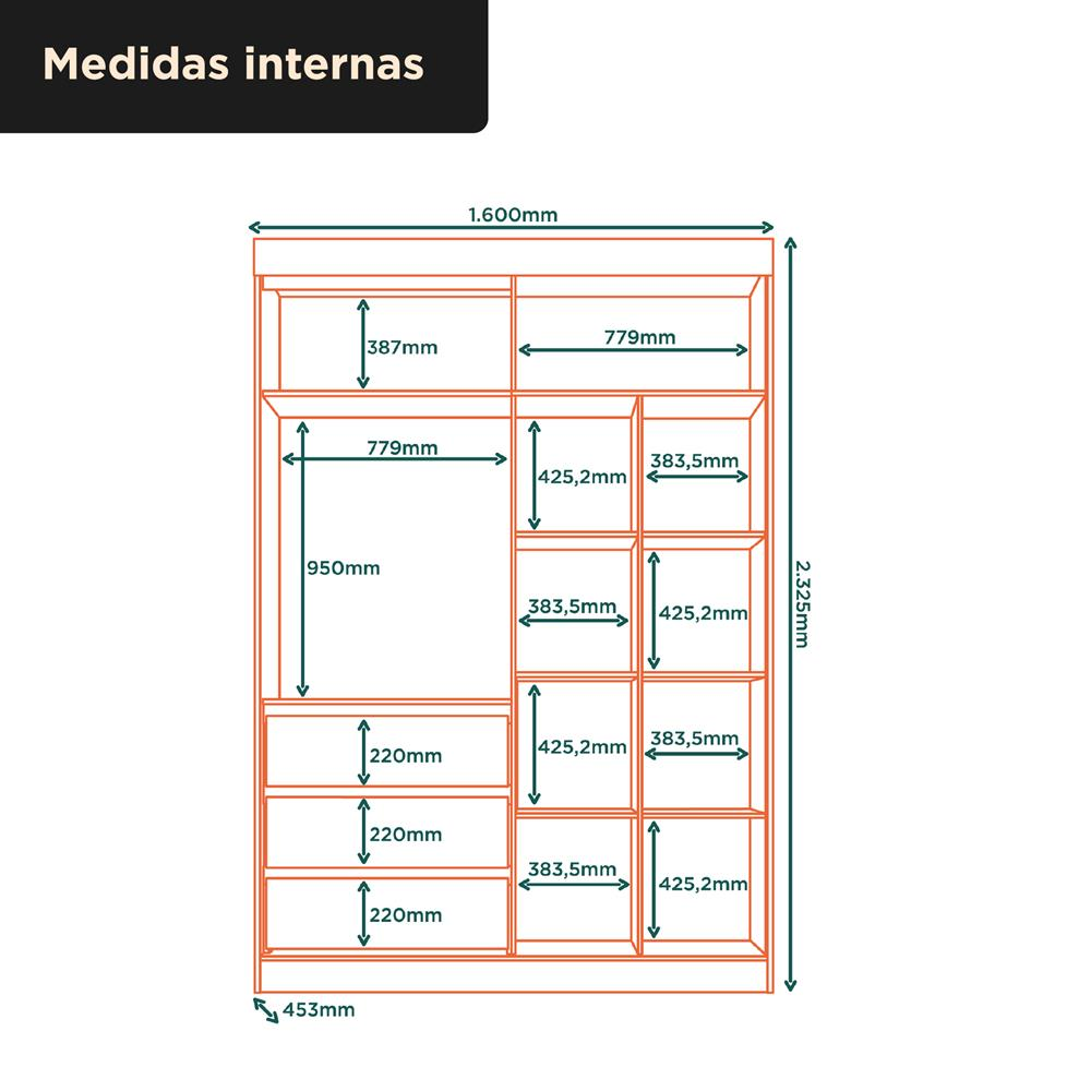 Guarda-roupa grande 100% MDF 3 portas 3 gavetas Bagdá - com espelho - castanho / off-white  RD032.E 