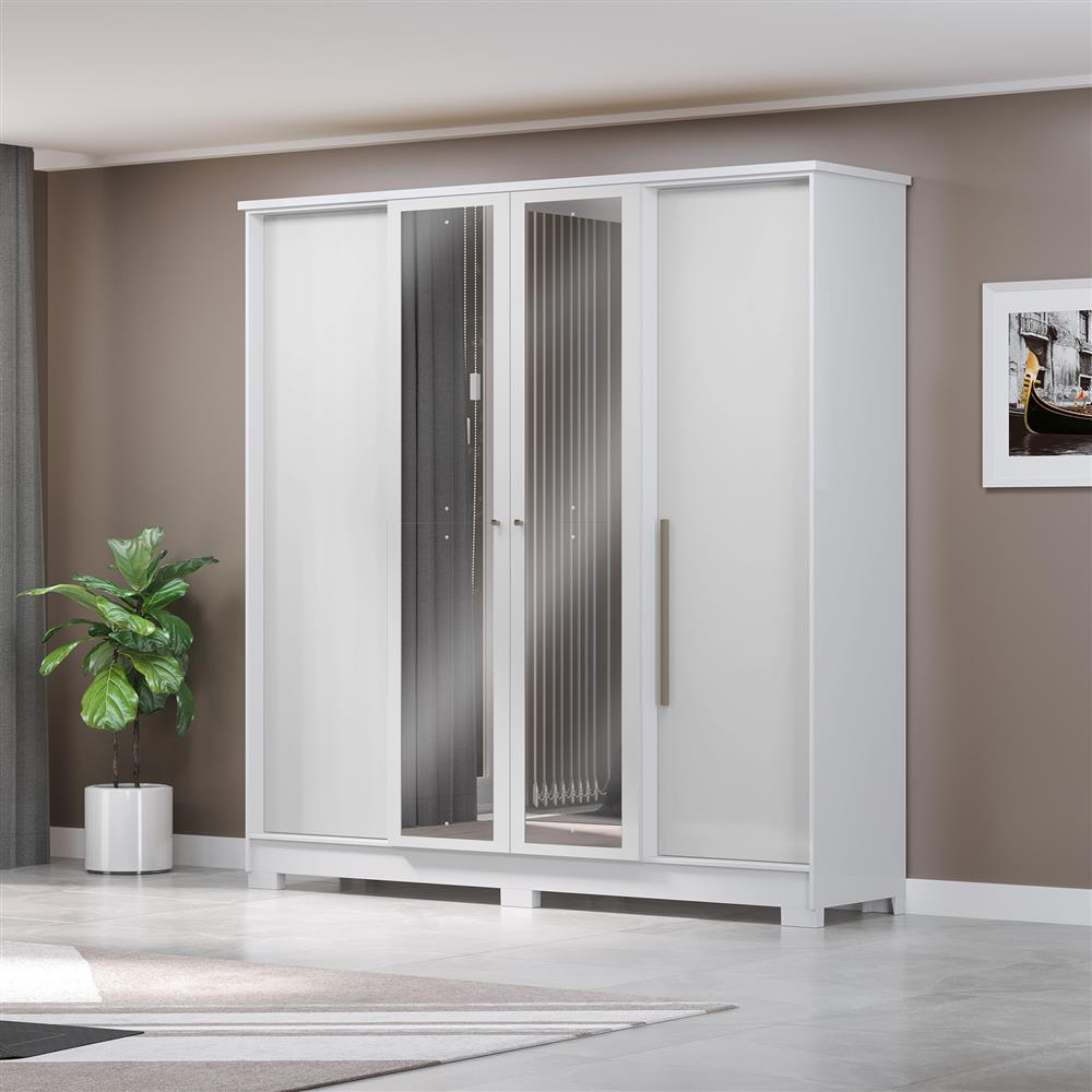 Guarda-roupa casal 4 portas 2 gavetas Mônaco - com espelho - branco / branco  RG108.E 