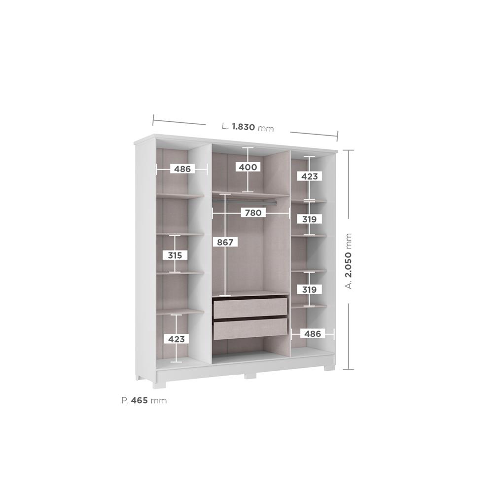 Guarda-roupa casal 4 portas 2 gavetas Mônaco - com espelho - branco / branco  RG108.E 