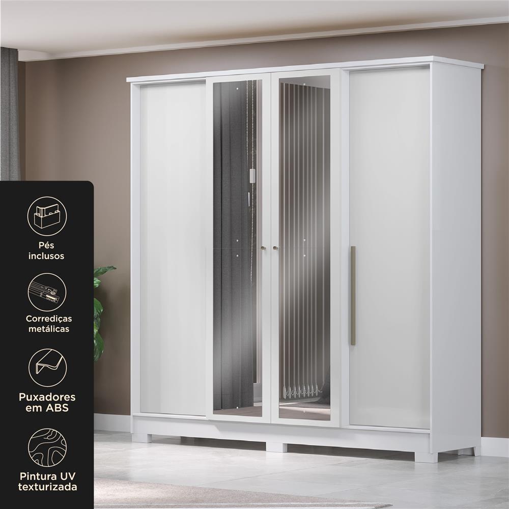 Guarda-roupa casal 4 portas 2 gavetas Mônaco - com espelho - branco / branco  RG108.E 