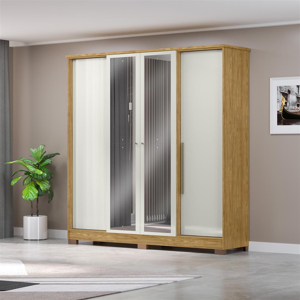 Guarda-roupa casal 4 portas 2 gavetas Mônaco - com espelho - marrocos / off-white  RG108.E 