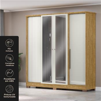 Guarda-roupa casal 4 portas 2 gavetas Mônaco - com espelho - marrocos / off-white  RG108.E 
