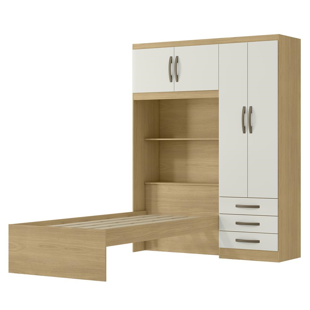 Guarda-roupa com cama e baú 4 portas 3 gavetas Lisboa - castanho / off-white  RG023  