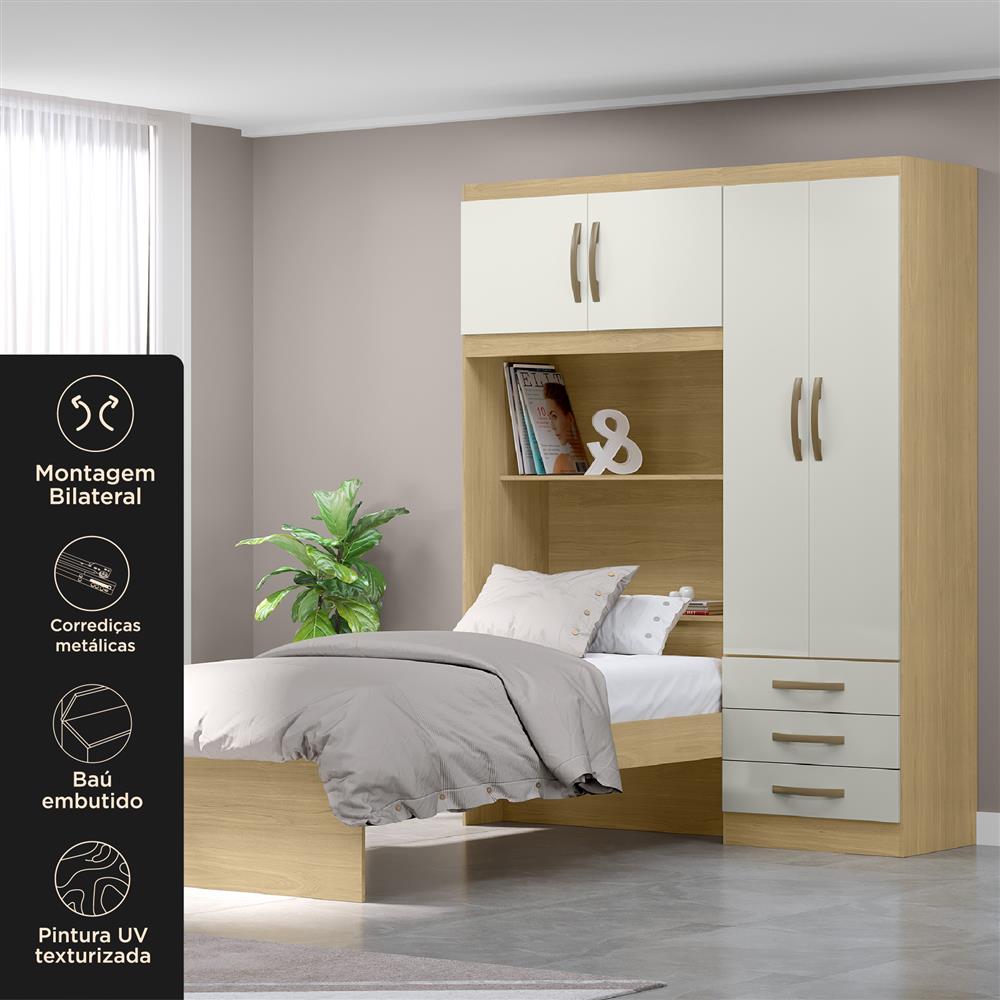 Guarda-roupa com cama e baú 4 portas 3 gavetas Lisboa - castanho / off-white  RG023  
