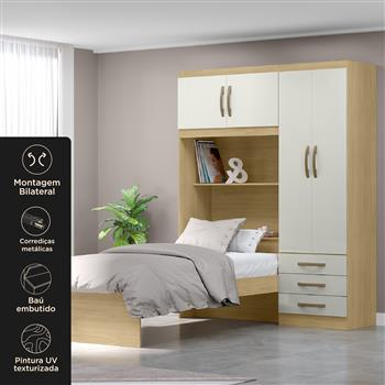 Guarda-roupa com cama e baú 4 portas 3 gavetas Lisboa - castanho / off-white  RG023  