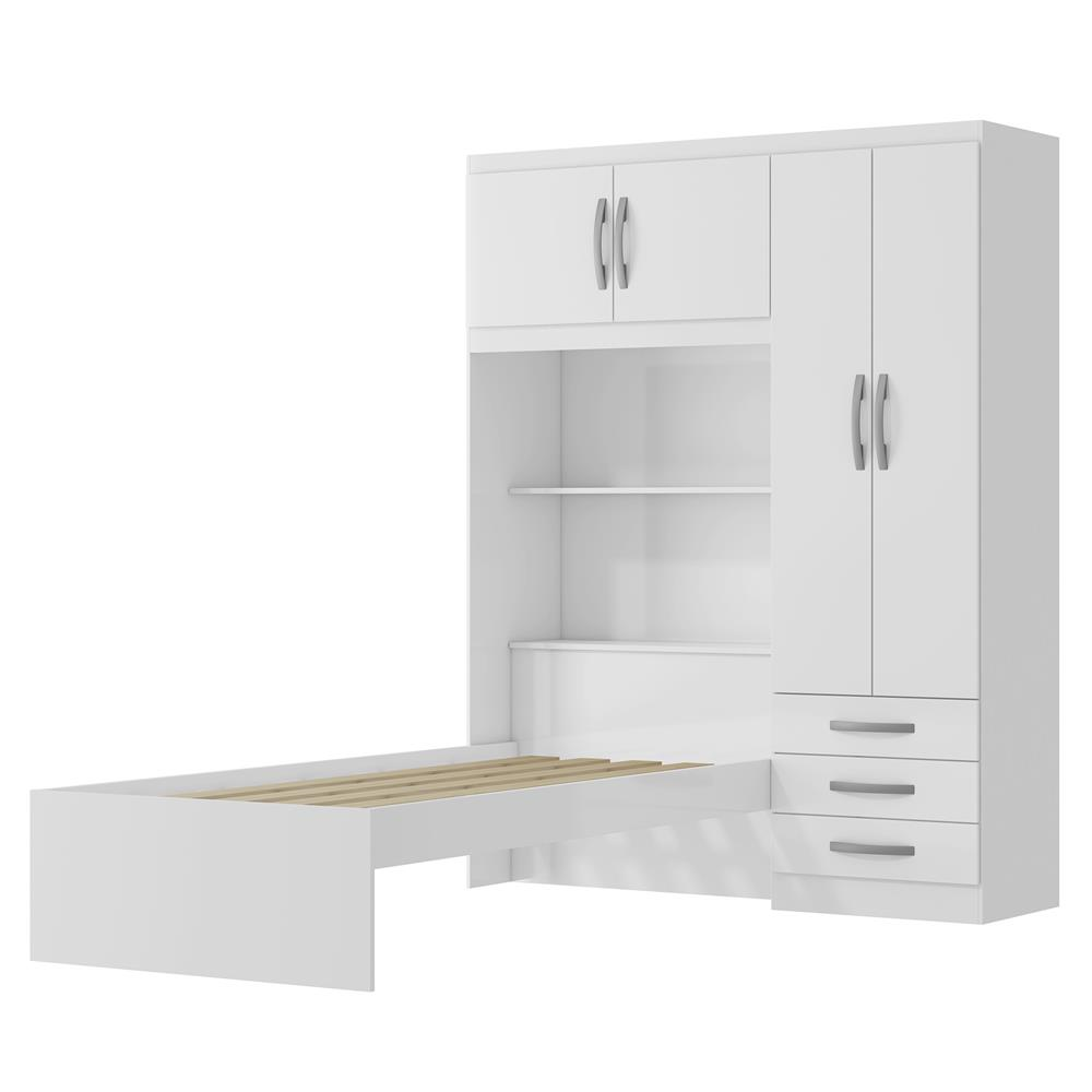 Guarda-roupa com cama e baú 4 portas 3 gavetas Lisboa - flex color - branco / rosa  RG023  