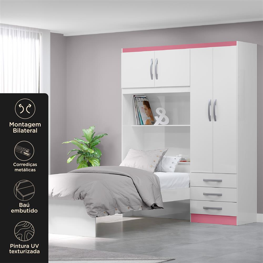 Guarda-roupa com cama e baú 4 portas 3 gavetas Lisboa - flex color - branco / rosa  RG023  