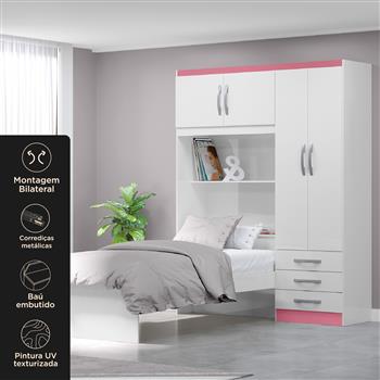 Guarda-roupa com cama e baú 4 portas 3 gavetas Lisboa - flex color - branco / rosa  RG023  