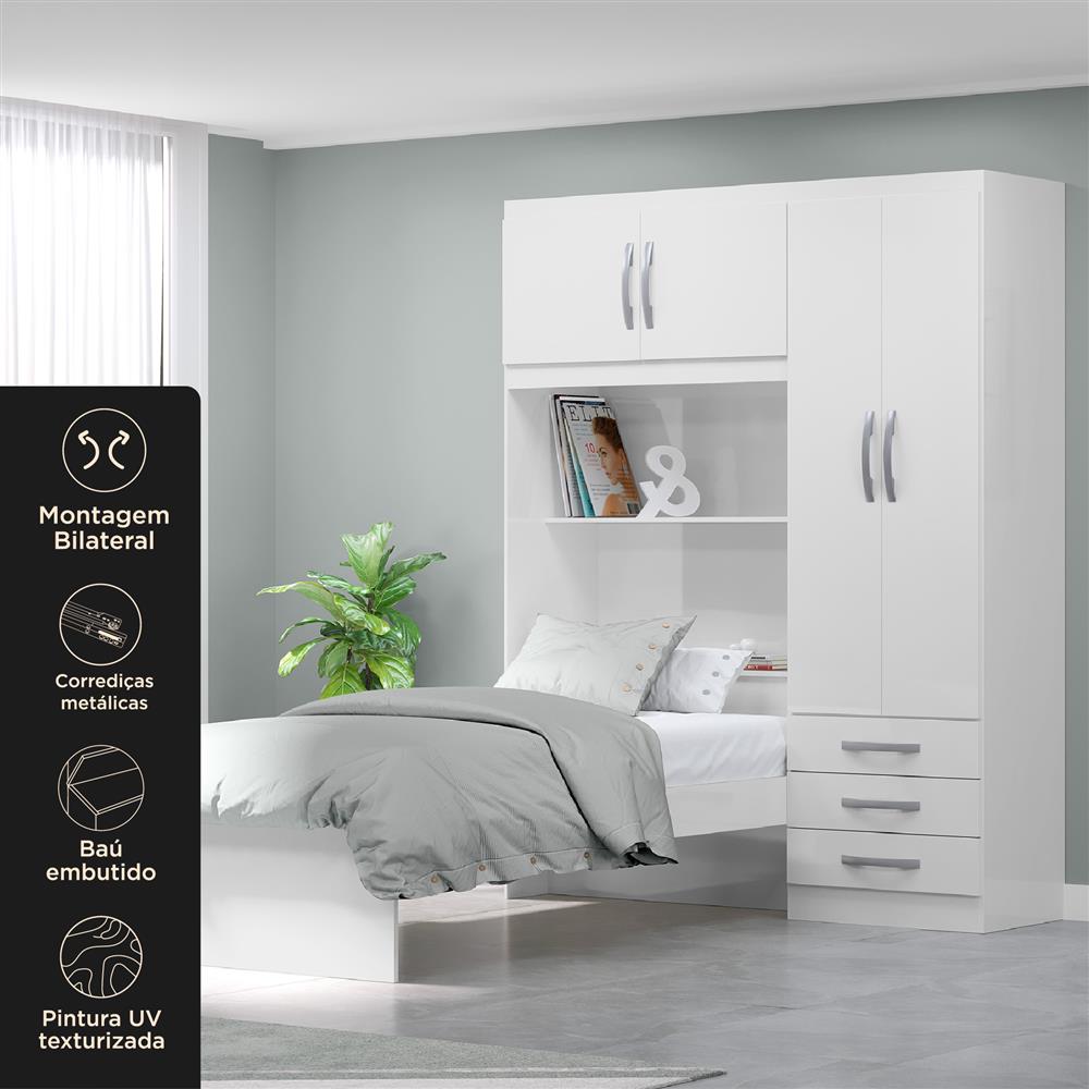 Guarda-roupa com cama e baú 4 portas 3 gavetas Lisboa - flex color - branco / rosa  RG023  