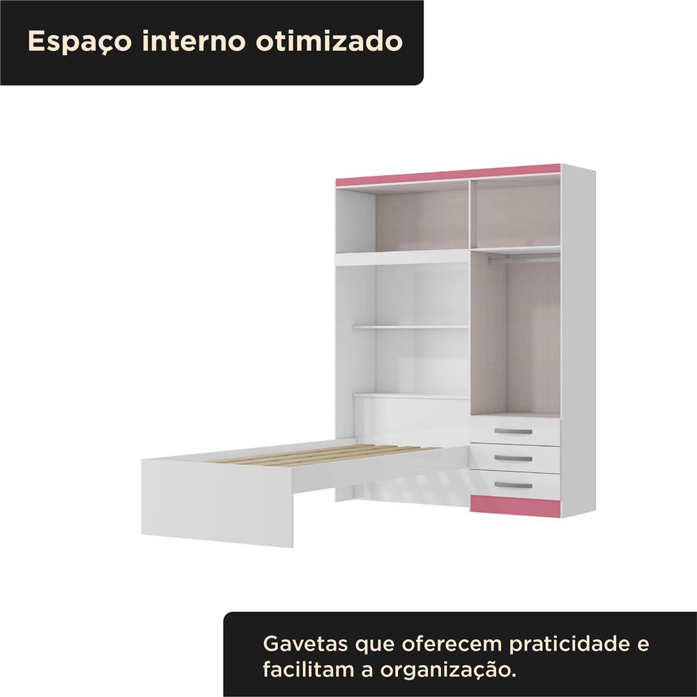 Guarda-roupa com cama e baú 4 portas 3 gavetas Lisboa - flex color - branco / rosa  RG023  