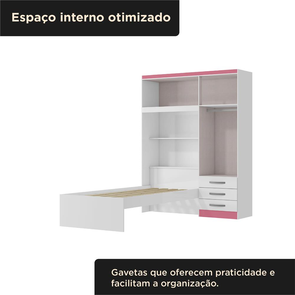 Guarda-roupa com cama e baú 4 portas 3 gavetas Lisboa - flex color - branco / rosa  RG023  