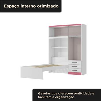 Guarda-roupa com cama e baú 4 portas 3 gavetas Lisboa - flex color - branco / rosa  RG023  