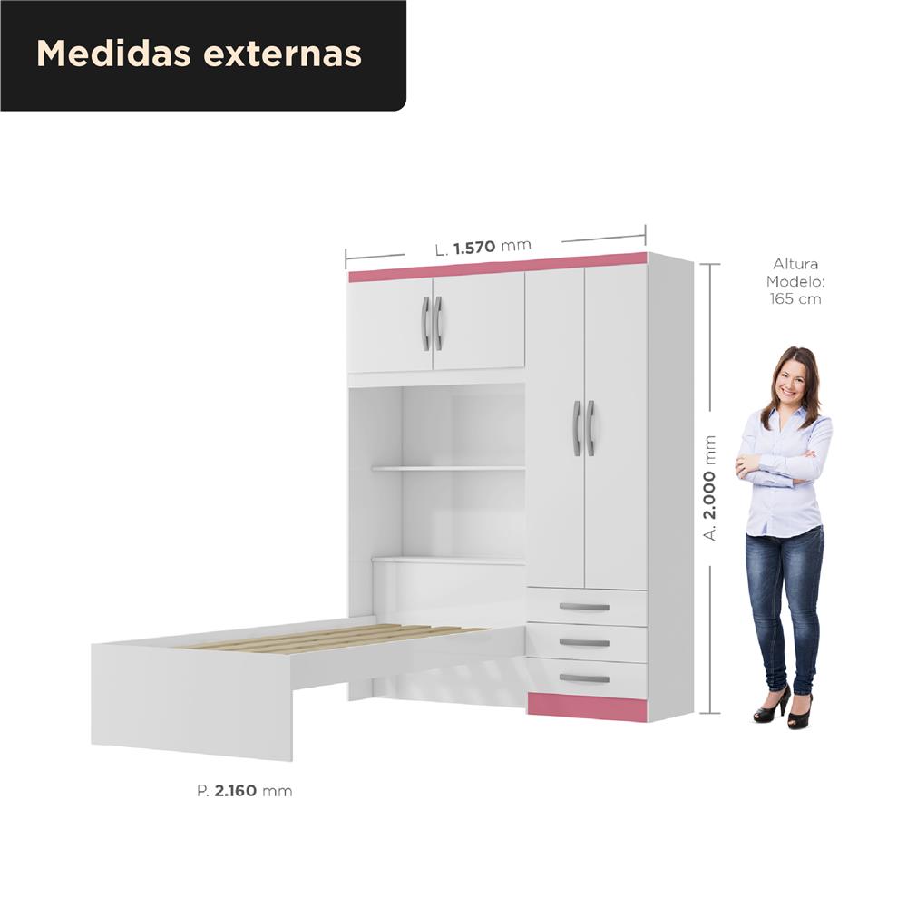 Guarda-roupa com cama e baú 4 portas 3 gavetas Lisboa - flex color - branco / rosa  RG023  