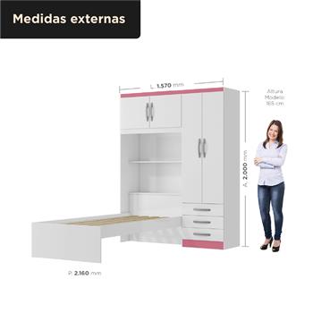 Guarda-roupa com cama e baú 4 portas 3 gavetas Lisboa - flex color - branco / rosa  RG023  