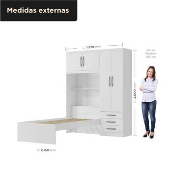 Guarda-roupa com cama e baú 4 portas 3 gavetas Lisboa - flex color - branco / rosa  RG023  
