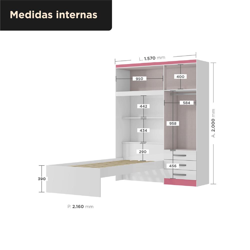 Guarda-roupa com cama e baú 4 portas 3 gavetas Lisboa - flex color - branco / rosa  RG023  