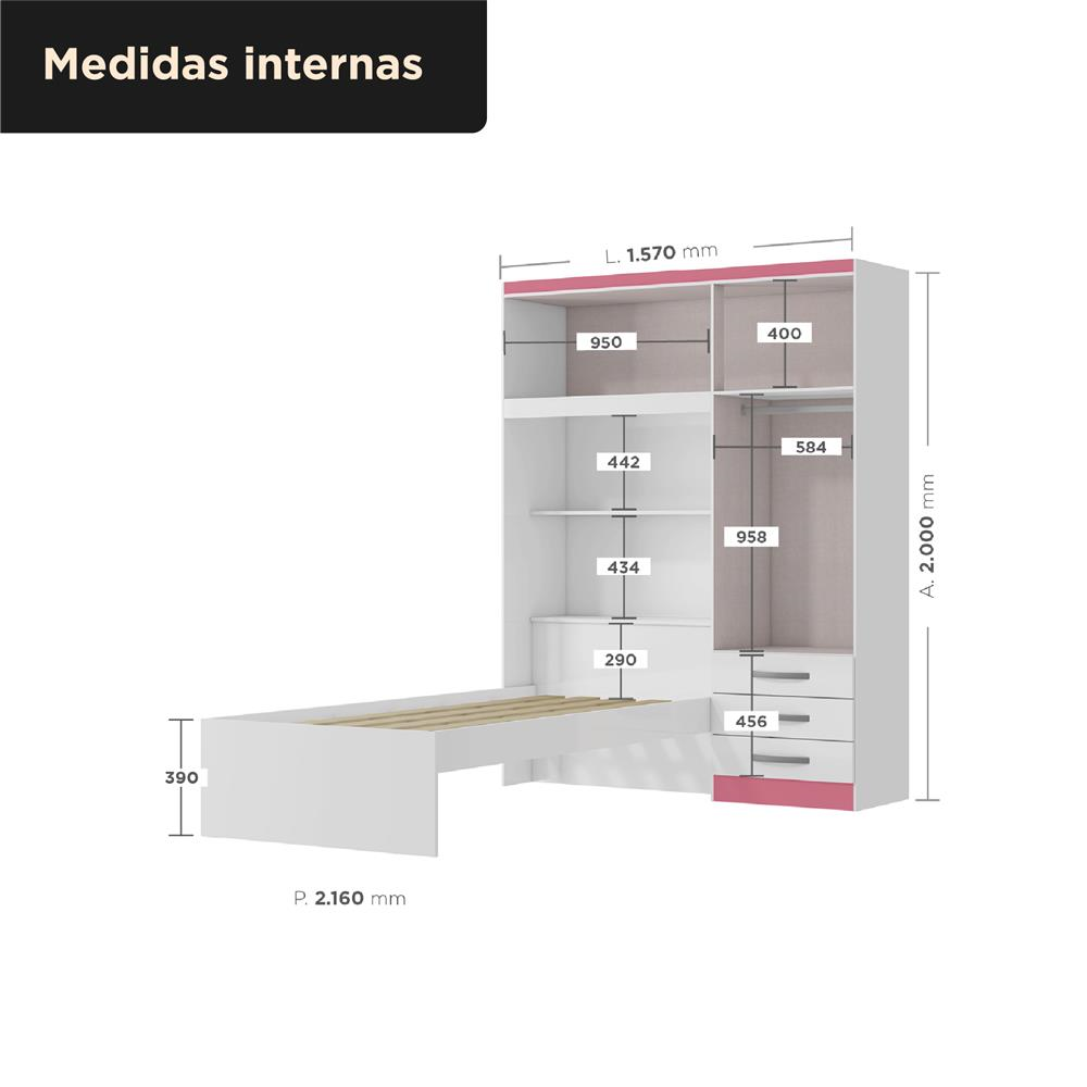 Guarda-roupa com cama e baú 4 portas 3 gavetas Lisboa - flex color - branco / rosa  RG023  