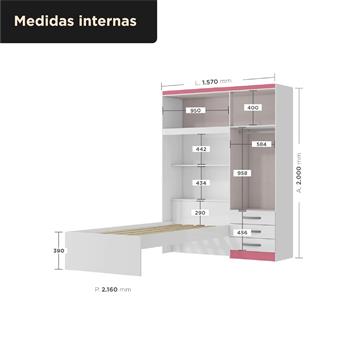 Guarda-roupa com cama e baú 4 portas 3 gavetas Lisboa - flex color - branco / rosa  RG023  