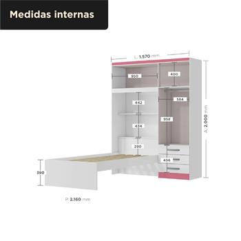 Guarda-roupa com cama e baú 4 portas 3 gavetas Lisboa - flex color - branco / rosa  RG023  
