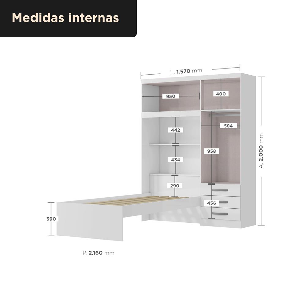 Guarda-roupa com cama e baú 4 portas 3 gavetas Lisboa - flex color - branco / rosa  RG023  