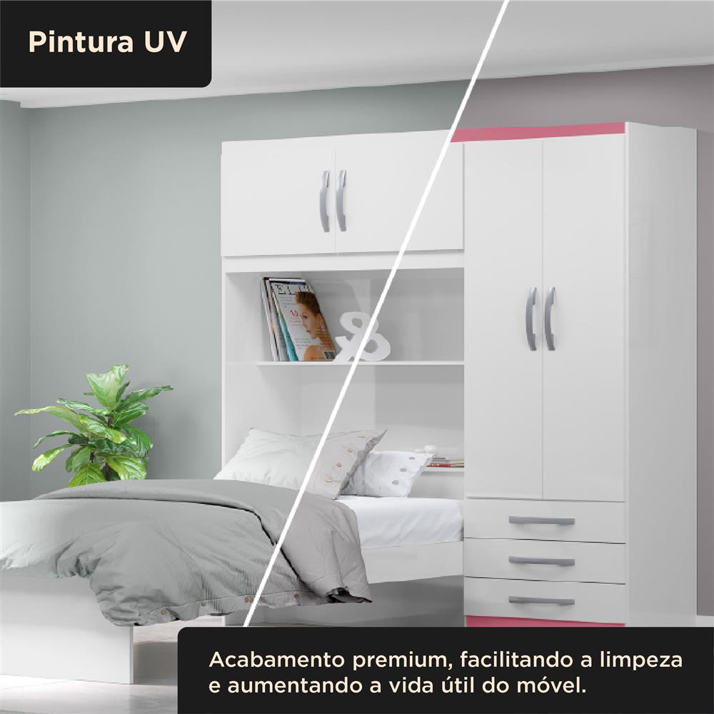 Guarda-roupa com cama e baú 4 portas 3 gavetas Lisboa - flex color - branco / rosa  RG023  
