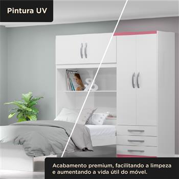 Guarda-roupa com cama e baú 4 portas 3 gavetas Lisboa - flex color - branco / rosa  RG023  