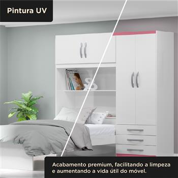 Guarda-roupa com cama e baú 4 portas 3 gavetas Lisboa - flex color - branco / rosa  RG023  
