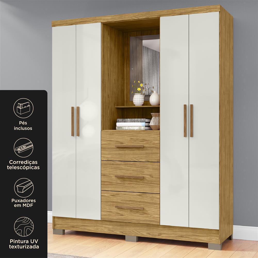 Guarda-roupa capelinha 4 portas 3 gavetas Capella com espelho - marrocos / off-white RG139.E 