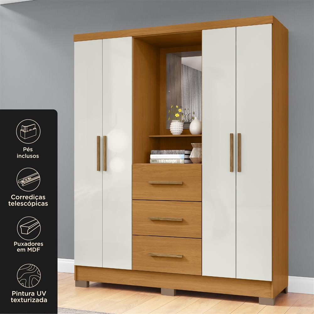 Guarda-roupa capelinha 4 portas 3 gavetas Capella com espelho - cinamomo / off-white RG139.E 