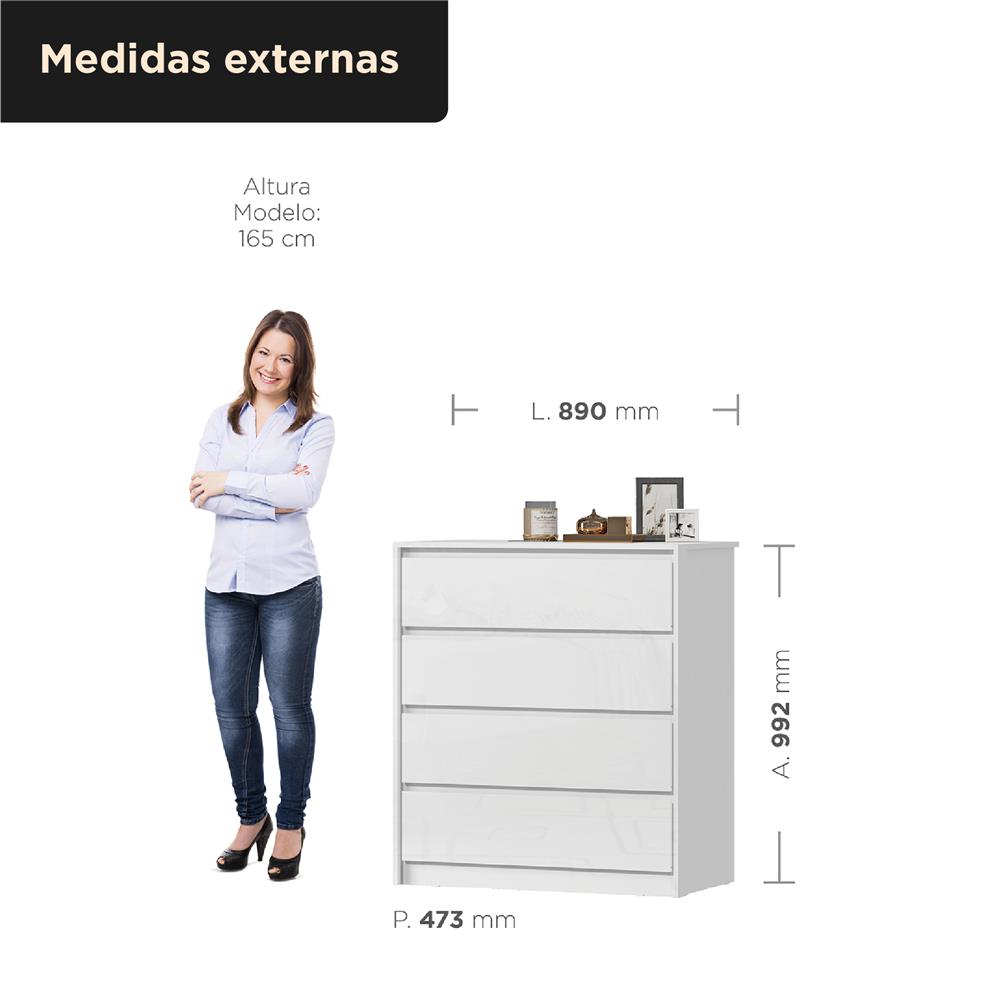 Cômoda 4 gavetas grandes Carla - branco neve / branco neve   CO027  