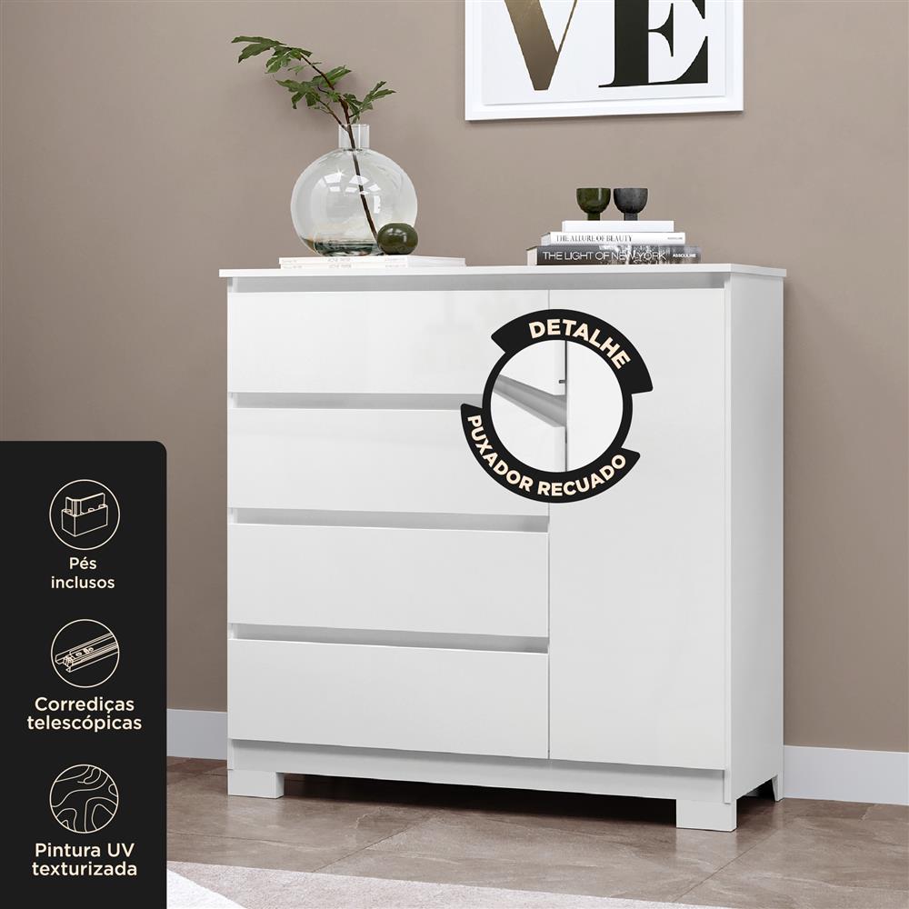 Cômoda 1 porta 4 gavetas Vega - branco neve / branco neve  CO028  