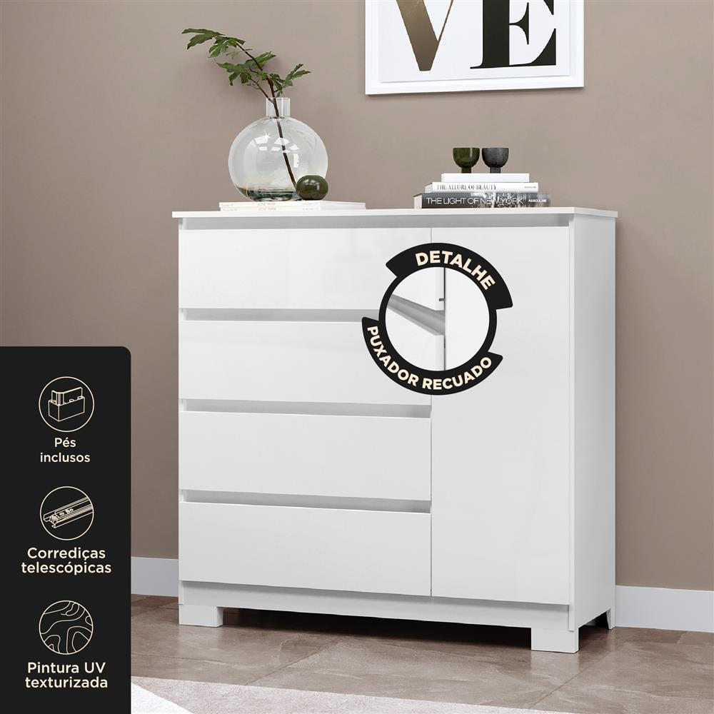 Cômoda 1 porta 4 gavetas Vega - branco neve / branco neve  CO028  