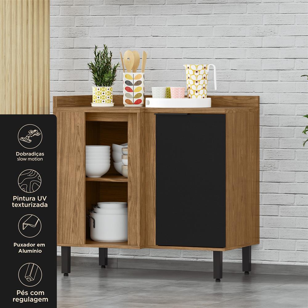 Balcão canto reto 100% MDF Toscana - freijó / nero BTO04 