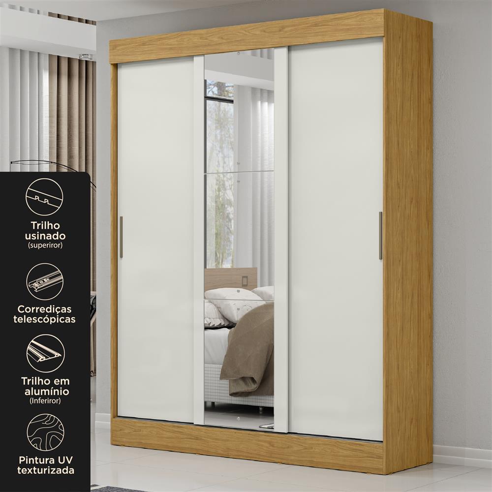 Guarda-roupa casal 3 portas de correr 2 gavetas Sírius  - com espelho - marrocos / off-white RD055.E 
