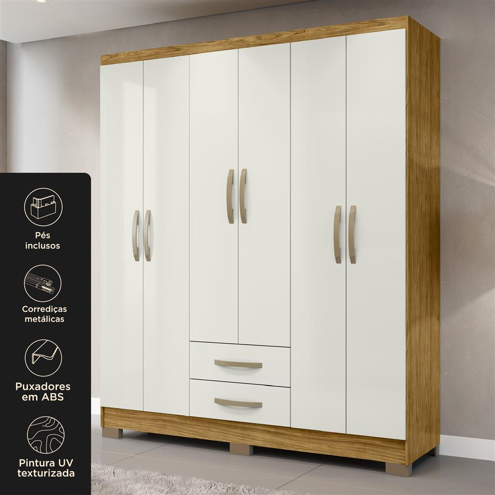 Guarda-roupa casal 6 portas 2 gavetas Santiago - marrocos / off-white RG119 
